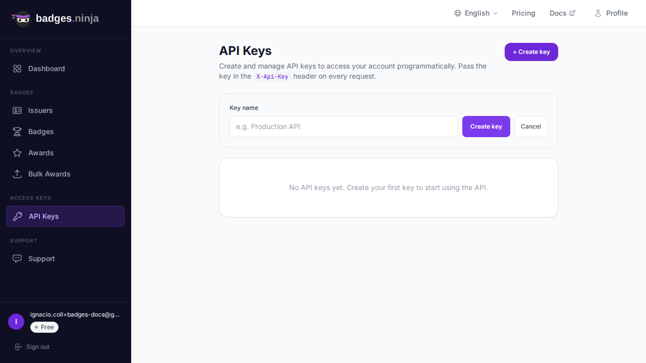 Vytvorenie kľúča — formulár názvu
