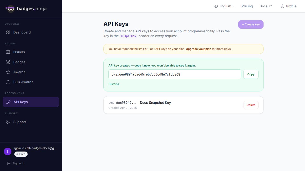 Práve vytvorený kľúč zobrazený raz