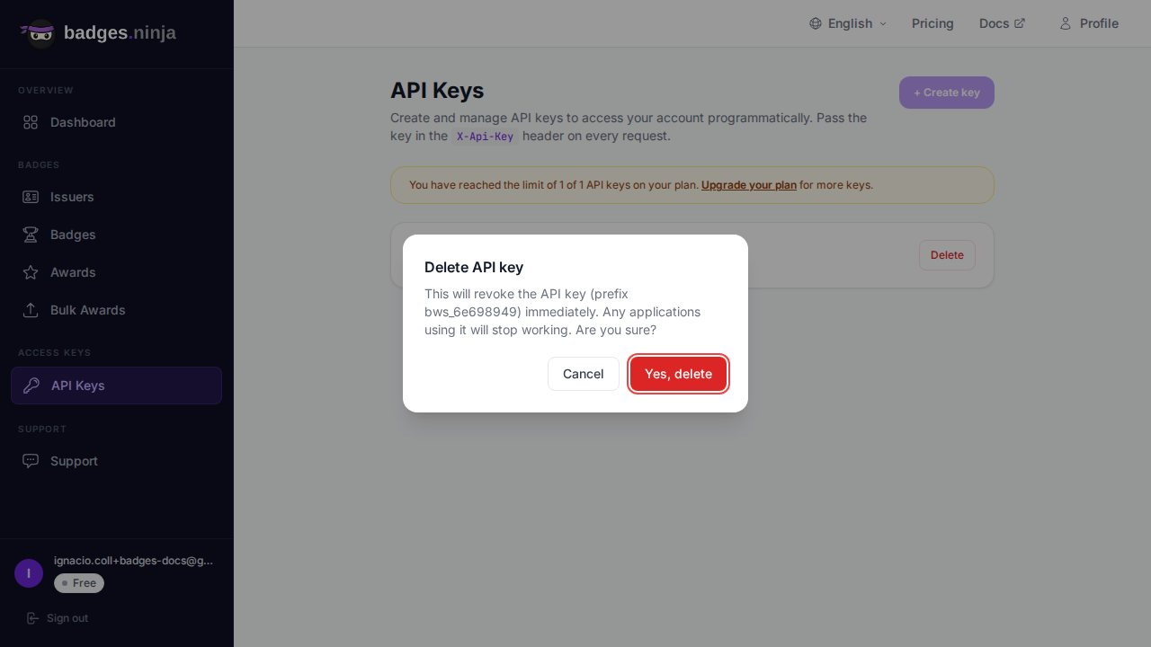 Potvrdenie odstránenia kľúča — odvolanie je okamžité