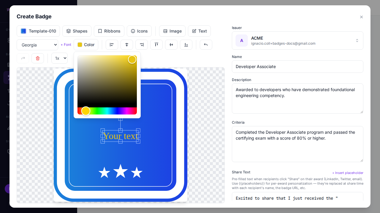 Farvevælger åben; vælg en hex — guld giver stærk kontrast på mørkeblå skabeloner