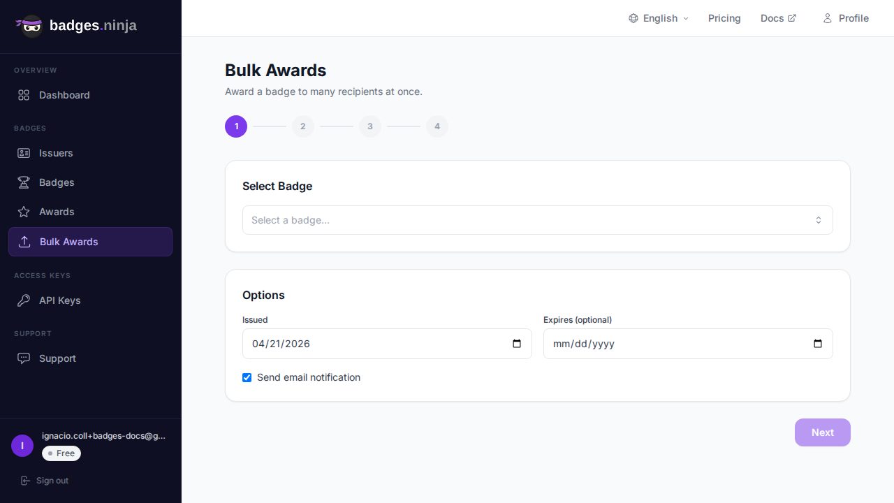 Bulk Awards — step 1, configure