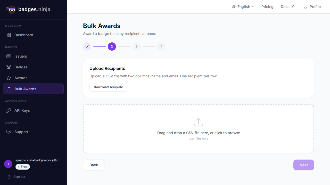 Bulk Awards — step 2, upload