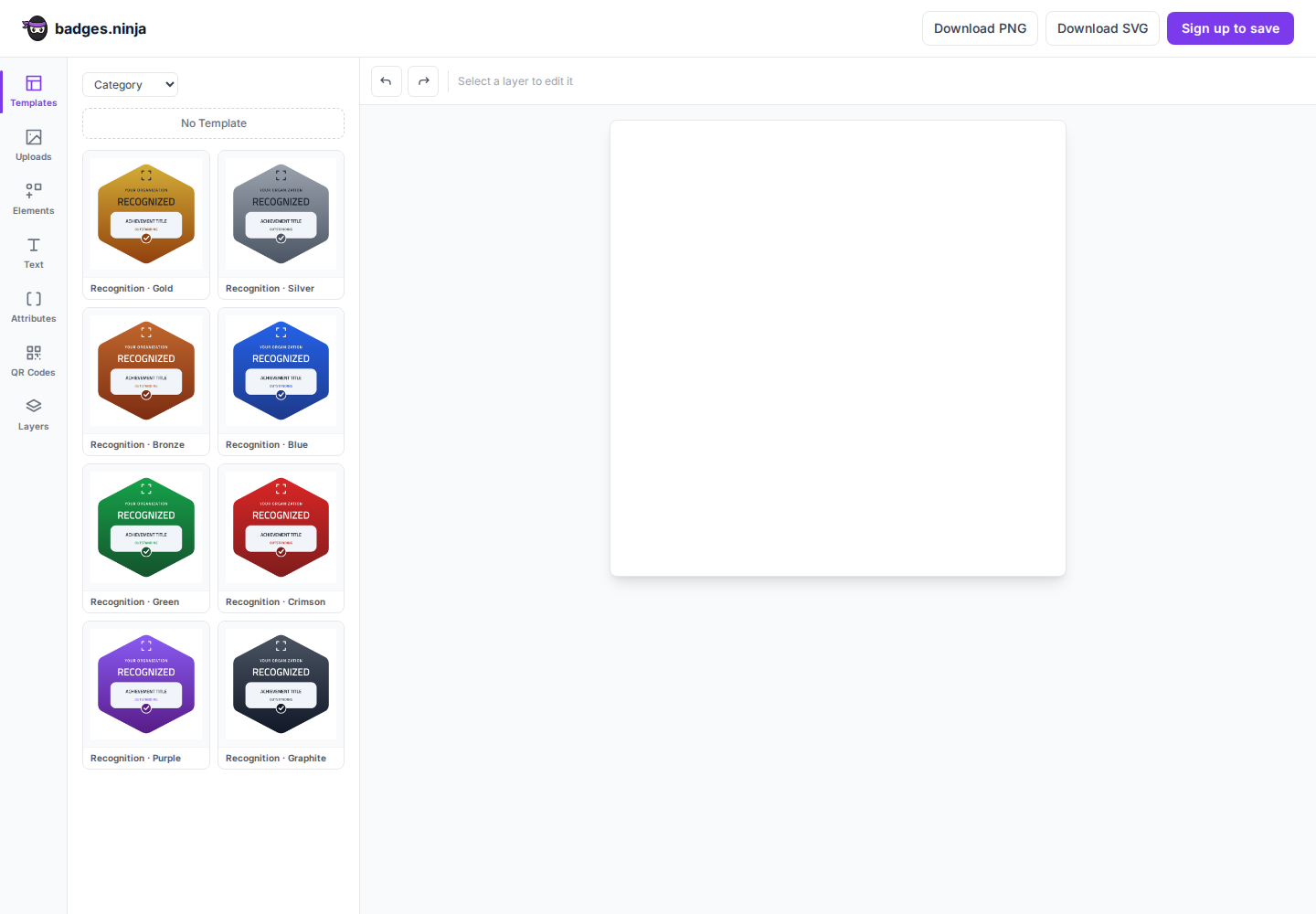 The public badge designer — the same 3-column editor, with Download and Sign-up actions