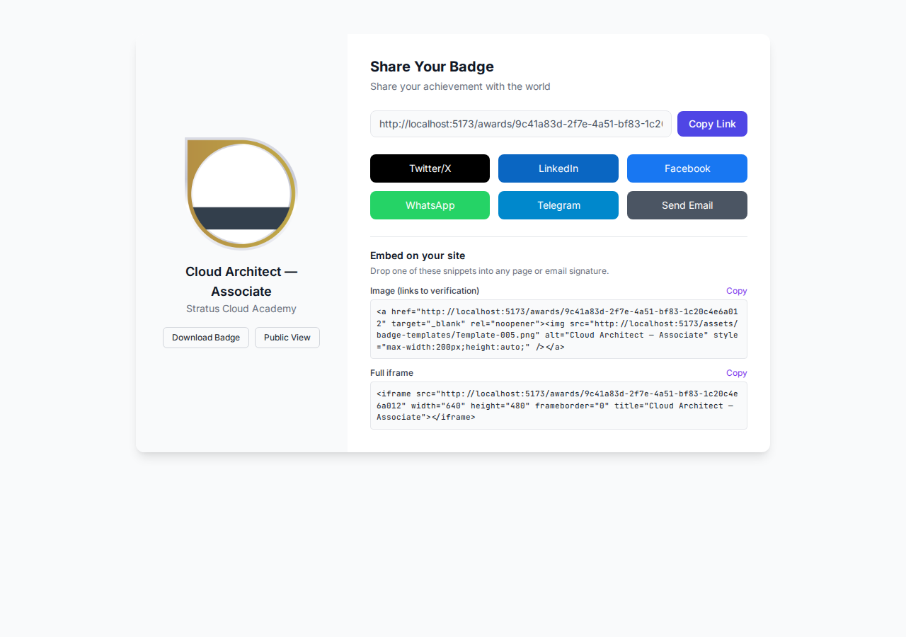Halaman berbagi publik dengan tombol sosial dan cuplikan embed
