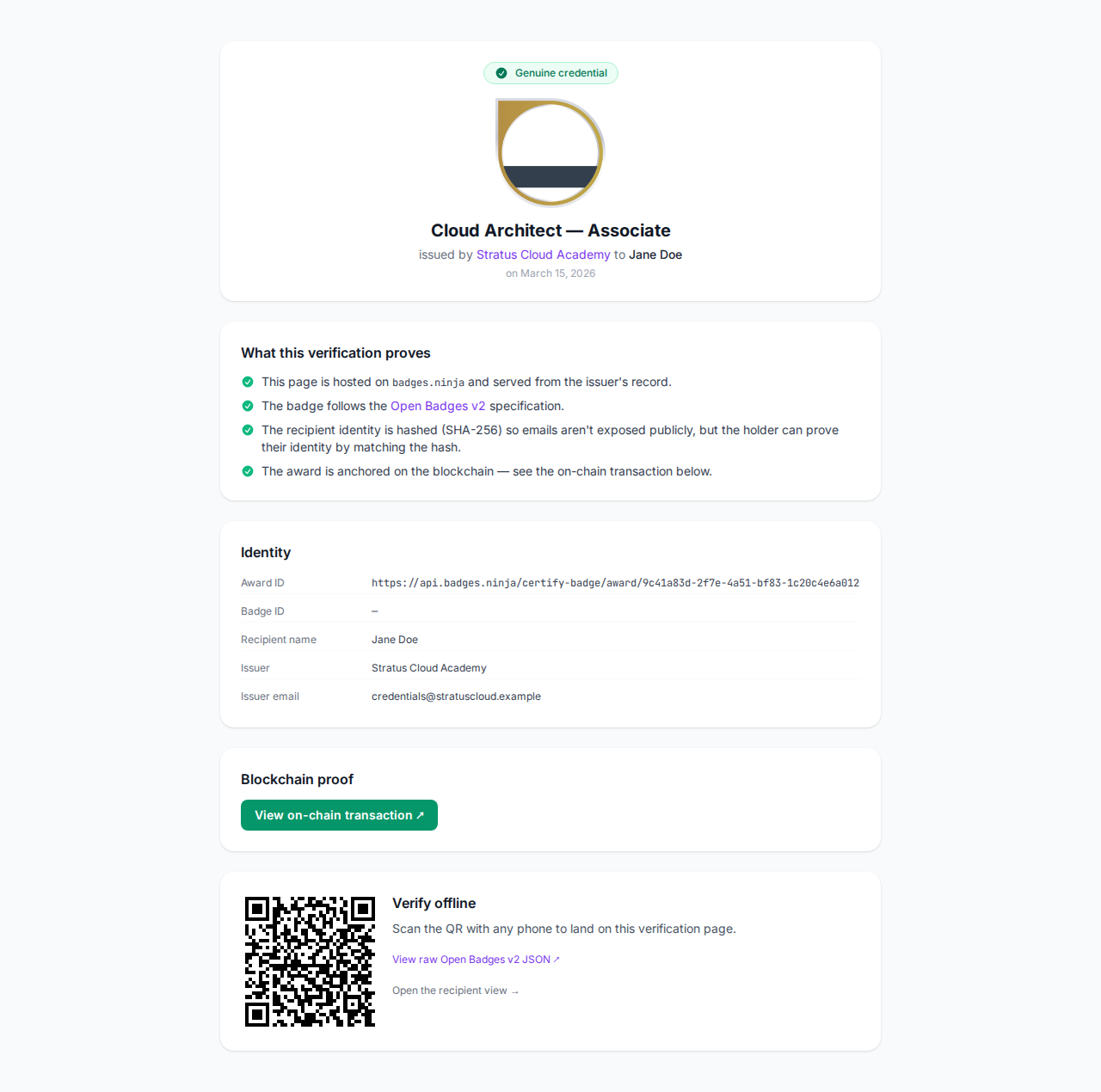Halaman verifikasi QR dengan identitas lencana, bukti blockchain, dan kode QR yang dapat dipindai