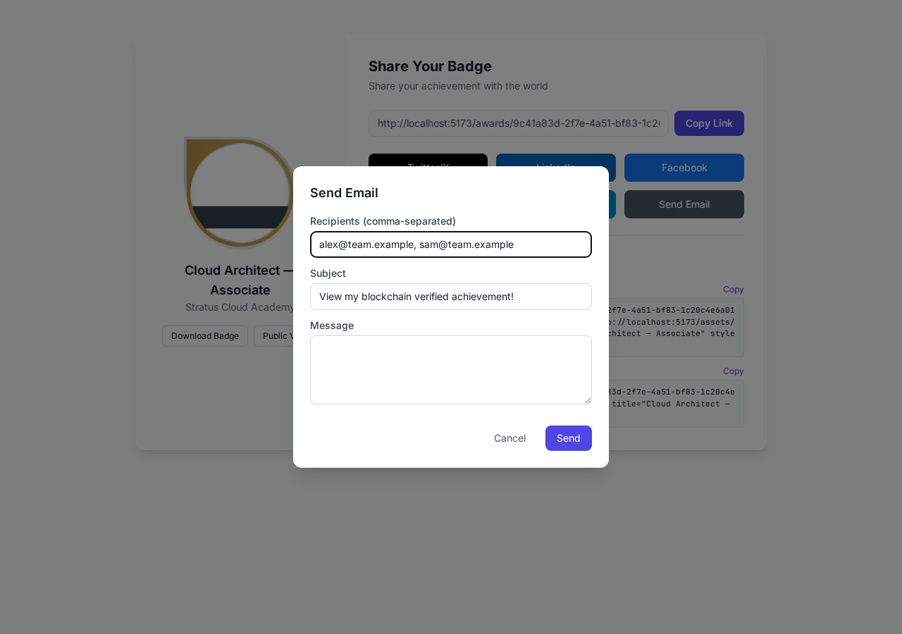 Modal kirim email di halaman — penerima memasukkan alamat, subjek, dan catatan pribadi